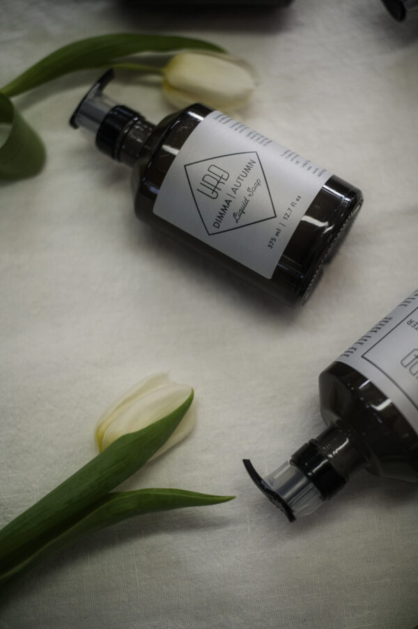 DIMMA liquid soap in 375 ml bottle, made in Iceland with natural oils and autumn-inspired scent of pine, wild berries, and spice.